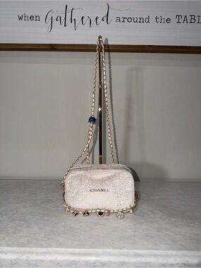 CHANEL Cream Crossbody Camera Bag with Gold Chain and Charms